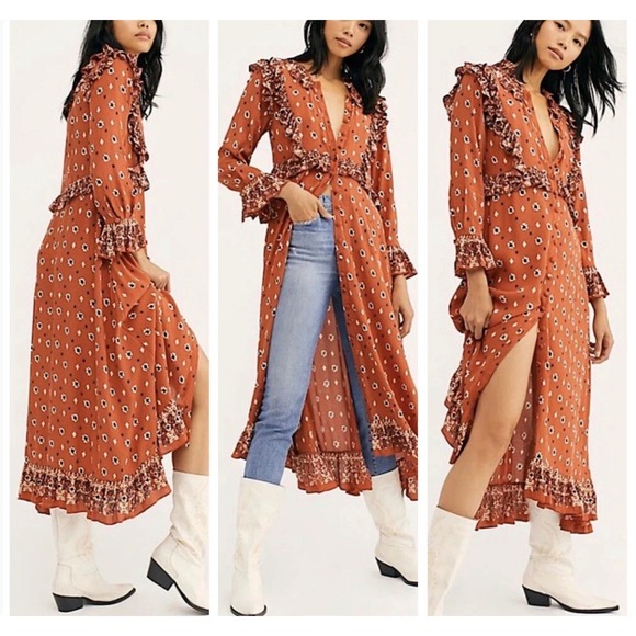 Free People Dresses & Skirts - Free People Rare Feelings Maxi Dress Rust Orange Floral Boho Duster Size S